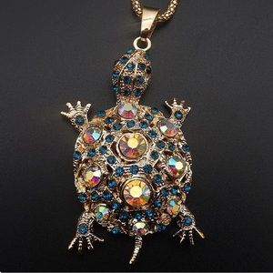 Betsey Johnson Blue Crystal Cute Turtle Pendant Sweater Necklace